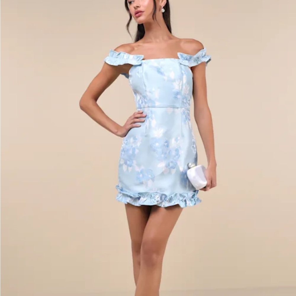 Lulus Pop the Bottle Light Blue Floral Jacquard Ruffled Mini Dress
